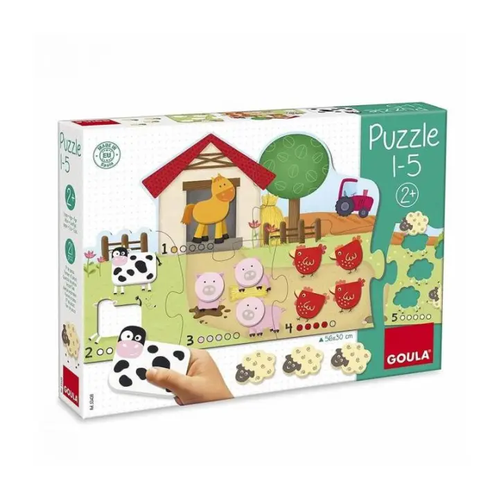 Diset Puzzle Animales Granja de Goula - Juguete de Madera para Aprender a Contar del 1 Al 5 - 1
