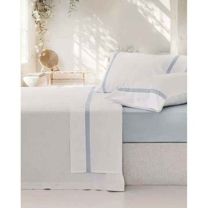 Juego de Sábanas 100% Algodón, Percal Peinado 200 Hilos, Color Blanco-Azul, Vidal Home - 1
