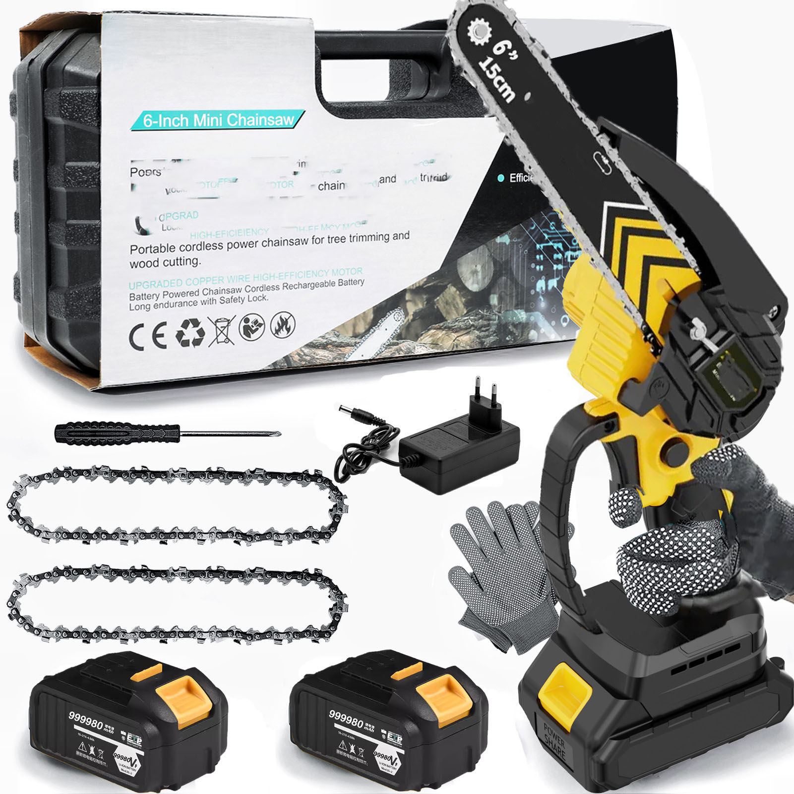 Mini motosierra de 6 pulgadas sin cable, con 2 baterías, motosierra de mano con bloqueo de seguridad, pequeña motosierra eléctrica para cortar madera y recortar árboles