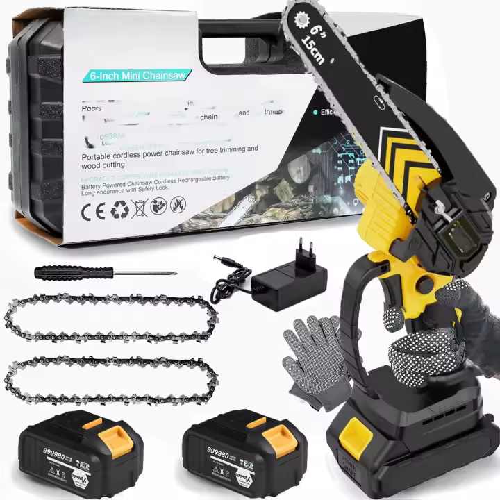 Mini motosierra de 6 pulgadas sin cable, con 2 baterías, motosierra de mano con bloqueo de seguridad, pequeña motosierra eléctrica para cortar madera y recortar árboles - 1