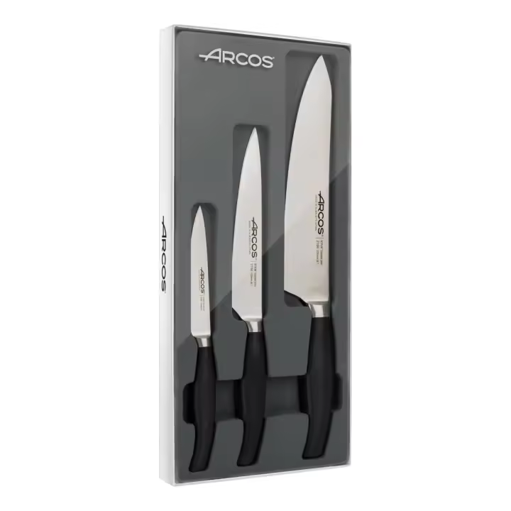 Arcos Juego Cuchillos cocina forjados 3 piezas (Cuchillo pelar + Cuchillo cocina + Cuchillo chef). Forjados en Acero Inoxidable Nitrum. Mango polipropileno POM. Serie Clara. Color negro. - 1