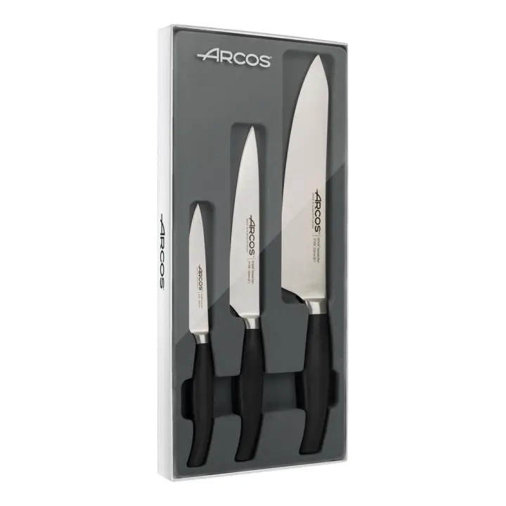 Arcos Juego Cuchillos cocina forjados 3 piezas (Cuchillo pelar + Cuchillo cocina + Cuchillo chef). Forjados en Acero Inoxidable Nitrum. Mango polipropileno POM. Serie Clara. Color negro. - 1