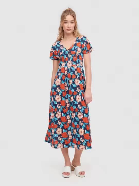 Vestido midi con estampado floral, falda ancha con caída, cintura ceñida de nido de abeja, manga corta y cuello en pico INSIDE - 1