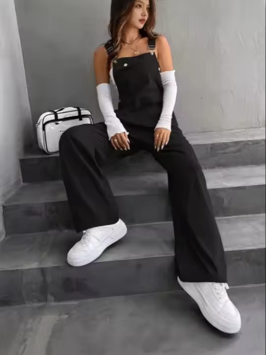 Monopiece Retro Europeo Y Americano Para Mujer Con Bolsillos De Color Sólido Pantalones Casuales Y Sueltos De Overal - 1