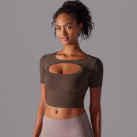 Camiseta de manga corta para Yoga, Top Sexy de Doble Capa, ropa de Malla empalmada, Sujetador Deportivo para correr y Fitness, Color sólido, Mujer - details 5