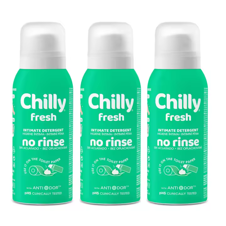 Chilly Espuma de Higiene Íntima Fórmula Delicada Sin Aclarado Fresh, Pack 3 x 100 ml, Limpieza Suave y Práctica para Uso Fuera de Casa, Limpieza Respetuosa, Efecto Calmante con Aloe y Hamamelis - 1