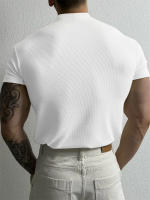 Camiseta De Hombre Elástica Y Cómoda Para Primavera Y Verano Con Cuello Alto Y Rayas Camiseta Deportiva Casual Con Mangas Cortas Para Fitness - details 14