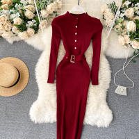 Vestido REALEFT De Punto Para Mujer Con Cuello Alto Y Mangas Largas Estampado Sólido Estilo Casual Vestido De Abrazo Largo Hasta La Rodilla Para Otoño E Invierno - details 2