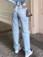Women's Denim Ripped Straight Pants High Waist Elastic Slim Fit Casual Cotton Polyester Spandex Full Length Jeans - details 5