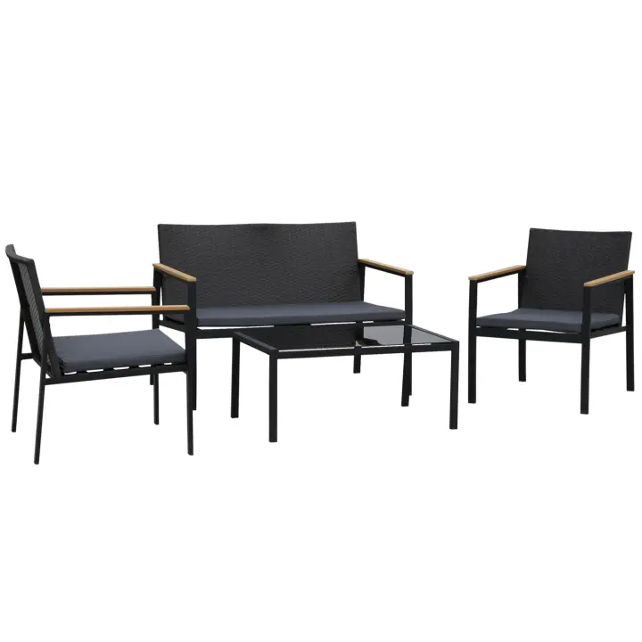 Outsunny Conjunto Muebles de Ratán de 4 Piezas con Cojines Acolchados 2 Sillone 1 Sofá para Doble y Cafetería Vidrio Templado para Jardín Exterior Terraza Patio Negro y Gris - 1