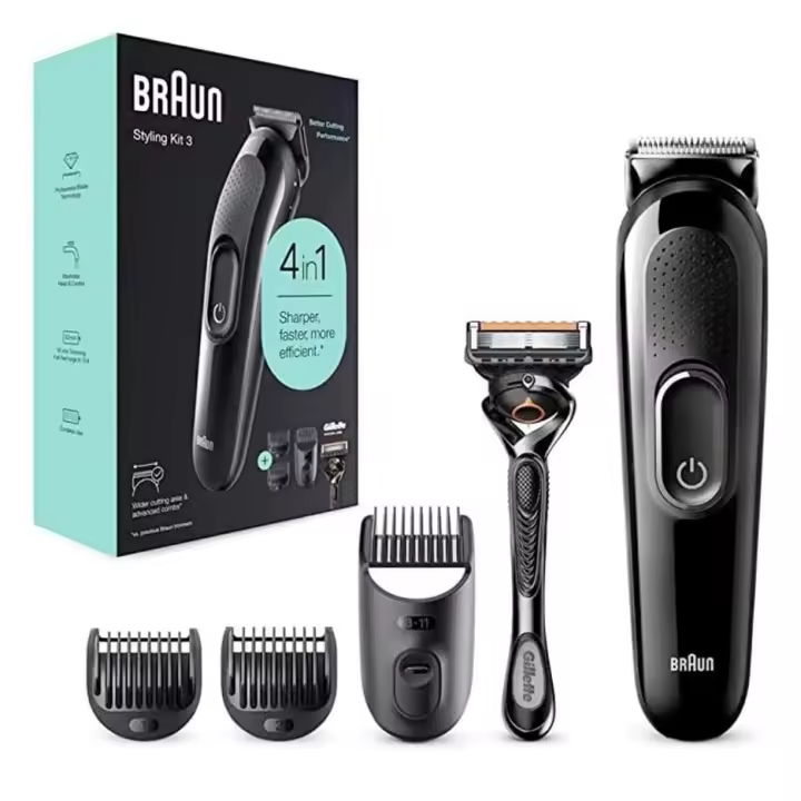 BRAUN SK3300  Cortapelos, kit 4 en 1 piezas para corte de barba, con Gillette ProGlide incluida, Color Negro - 1