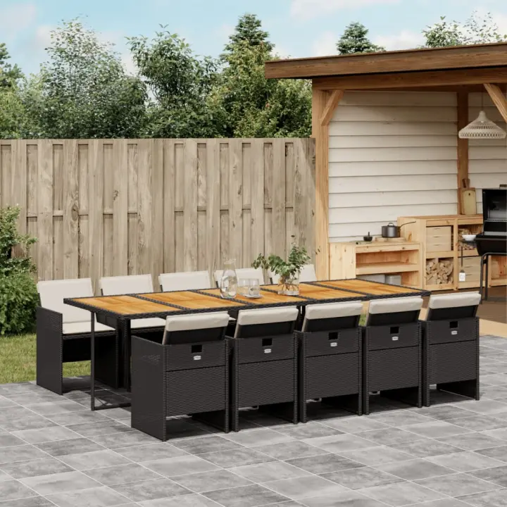 vidaXL Set de comedor jardín 11 pzas con cojines ratán sintético negro - 1
