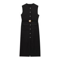 Vestido Midi Elegante De Verano Para Mujer TRAFZA Sin Mangas Con Cinturón Y Abertura En La Frontera Estilo Slim Cierre De Cremallera En La Espalda - details 1
