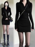 Vestido Bodycon Elegante De Mujer Minimalista En Ribbed Negro Con Cierre Media-Zip Y Manga Larga Para Ropa Diaria - details 3