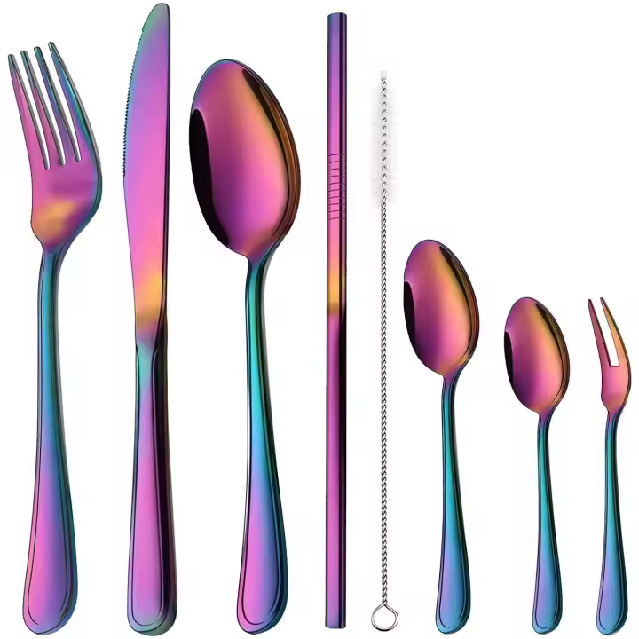 Juego de  8 Cubiertos, Cuchillo Cuchara Tenedor y Cañita de Acero Inoxidable Elegante Acabado Brillante Cubertería Acero Inoxidable para el Hogar/Camping/Fiesta (Plateado o Color) - 1