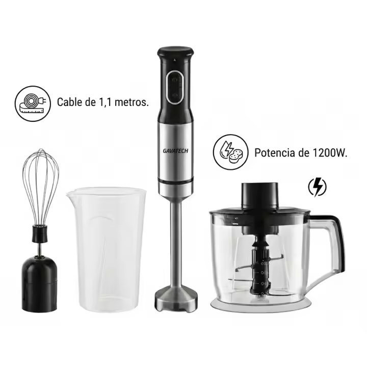 GAVATECH Batidora de Mano 1200W – Kit 3 en 1 con Picadora de 800ml, Varilla Batidora y 4 Cuchillas de Titanio. Cable 1.1m - 1