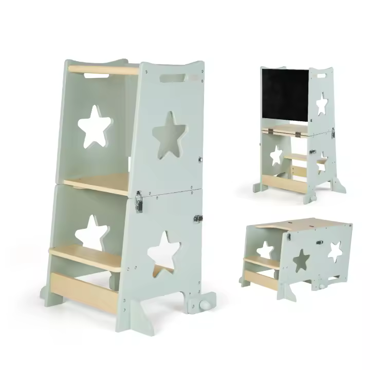 Ms - Torre de Aprendizaje de Madera Montessori para niños LEARN UP -Convertible en Escritorio Infantil y Taburete -Torre ayudante de Cocina de Madera Maciza con Barra de Seguridad - Plegable (Madera) - 1