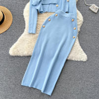 Conjunto De Ropa De Mujer REALEFT Otoño Invierno 3 Piezas Traje De Tejido Knitted Cardigan De Botón Sencillo Y Tops Falda Elegante Para Oficina - details 7