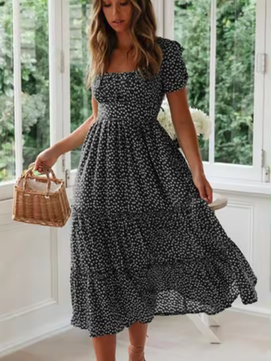 Vestido Vintage De Maxi Largo Con Manga Puff Estampado Floral Para Mujer Vestido Casual De Playa Estilo Vintage Con Cuello Cuadrado Y Volantes - 1
