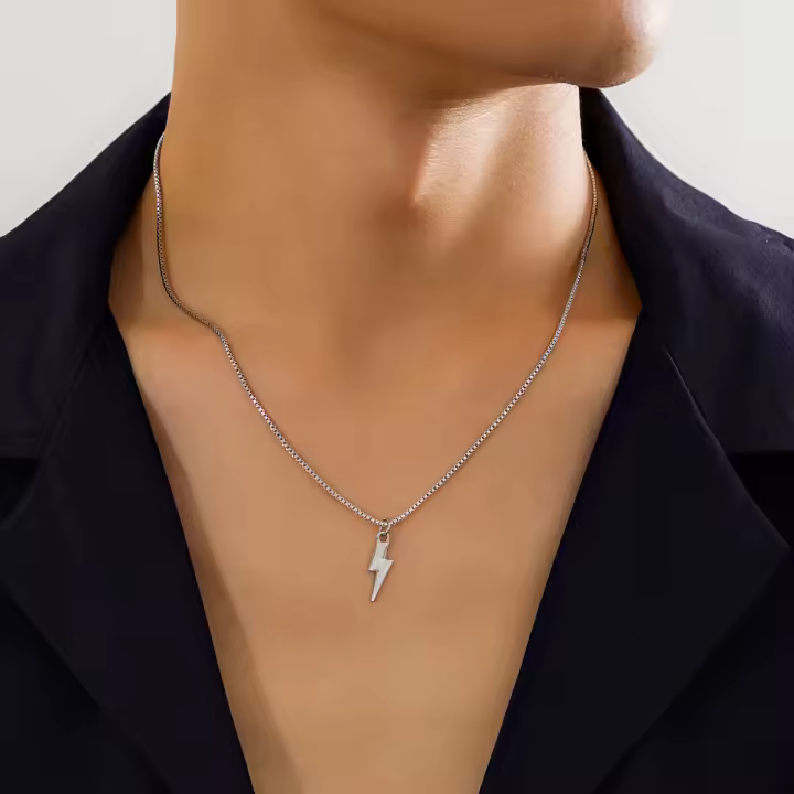 Collar Punk Metálico De Geometría Con Colgante De Rayo Para Hombres Collar Cuello Estilo Hip Hop En Color Plata Sencillo - 1