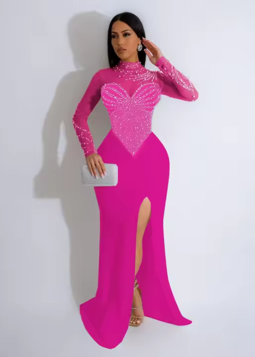 Vestido De Noche De Sirena Con Diamantes Y Rhinestones Elegante Y Lujo Para Mujer Vestido De Boda De Encaje Mesh Patchwork Sexy Para Fiesta Y Club - 1