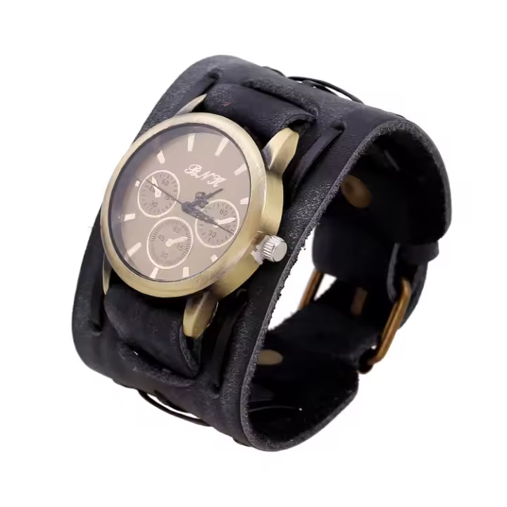 Reloj De Pulsera Para Hombre Punk Retro Con Correa Ancha De Cuero Reloj Militar De Cuarzo Con Pulsera De Cuero Display Sin Números - 1
