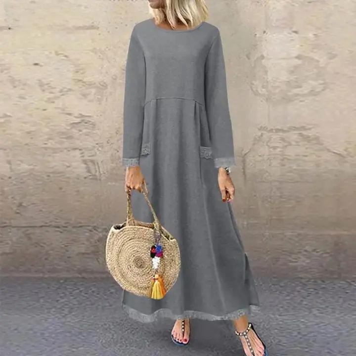 Vestido De Crochet De Encaje Otoño ZANZEA Invierno Para Mujer Sudadera Con Capucha Manga Larga Suéter Pullover De Fleece Sundress De Cuello Redondo Longitud Hombros - 1