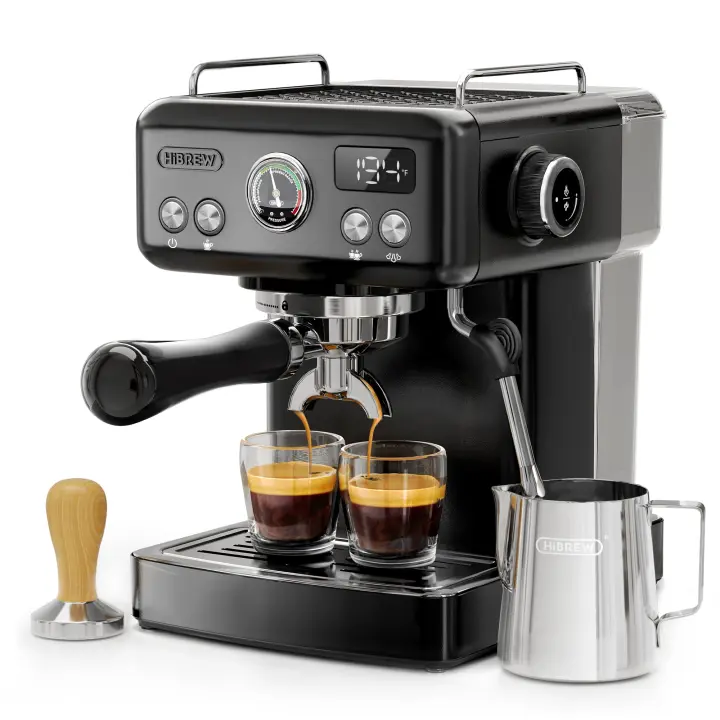 Máquina de café cafetera express programable portatil superautomatica HiBREW H10A , cafetera de brazo café molido expresso 20 bares, temperatura ajustables, tanque de agua removible 1.8L, varilla de vapor para espumador de leche molinillo cafe eléctrico - 1