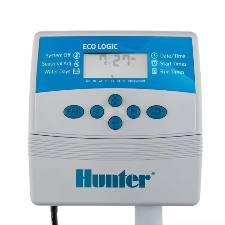 Programador de riego eléctrico Eco Logic 4 estaciones Interior Hunter Programador eléctrico que permite controlar hasta 4 zonas de riego con electroválvulas a corriente 24V. 2 programas independientes con 4 horas de inicio por programa. Tiempo de - 1