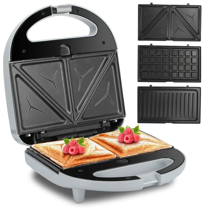 Aigostar Sandwichera 3 en 1: grill, gofrera y sandwichera. 750W, placas antiadherentes extraíbles, termostato hasta 200ºC, almacenamiento vertical y asa de toque frío. Gris - 1