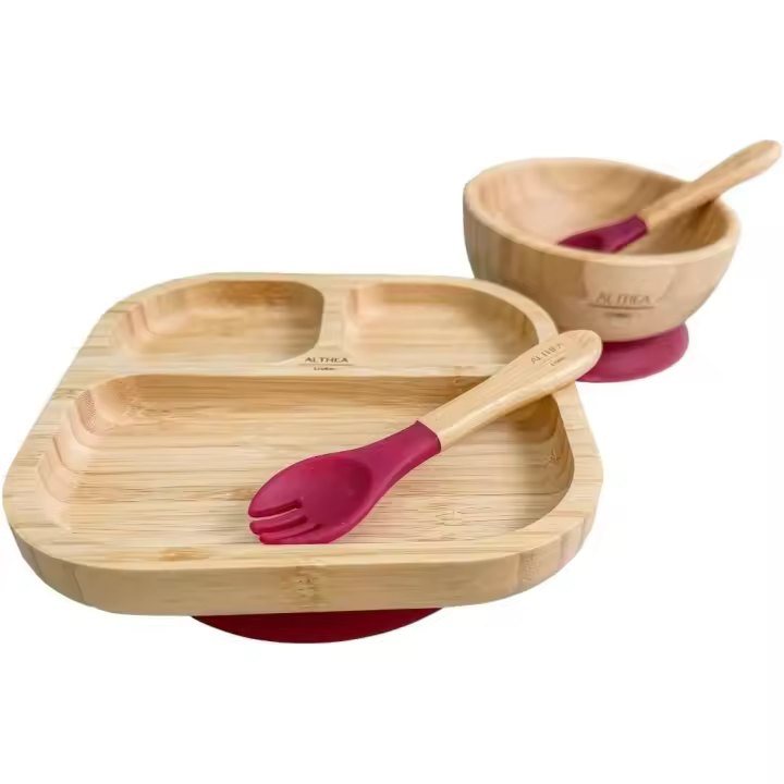 Vajilla de bambú para bebé con plato rectangular Harvard, set de 4: bol extra grande, ventosa, cuchara y tenedor de silicona - Althea Living - 1