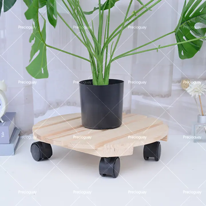 Carrito para plantas con ruedas, soporte de bambú para plantas, carrito móvil resistente para macetas, carrito para plantas de jardín interior y exterior (redondo) - 1