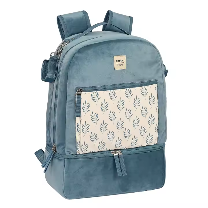 Safta Mochila de Maternidad Azul Empolvado Mum Leaves 2024 - Adaptable a Carrito de Bebé - Resistente - Garantía 2 Años - 1