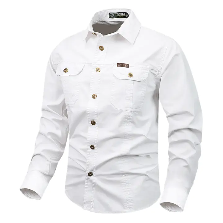 Camisa De Trabajo Para Hombre Casual Larga Con Bolsillos Algodón Puro Primavera Otoño Estilo Casual Cuello En V Tacón Regular - 1