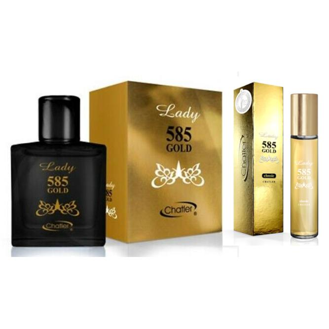 PACK 585 LADY GOLD (130ML)-----EAU DE PARFUM 585 LADY GOLD 100ML Y EAU DE PARFUM 585 LADY GOLD 30ML -----30ML PERFECTO PARA EL BOLSO ---MARCA CHATLER---FRAGANCIA DURADERA, DURACIÓN 8 HORAS--- PERFUME VEGANO