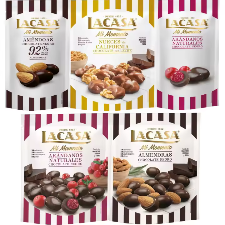 Lacasa Mi Momento pack de 5:Arándano Chocolate Negro ,Almendra 92% ,Arándano Chocolate Negro ,Nueces Chocolate Leche ,Almendra Chocolate Negro - 1