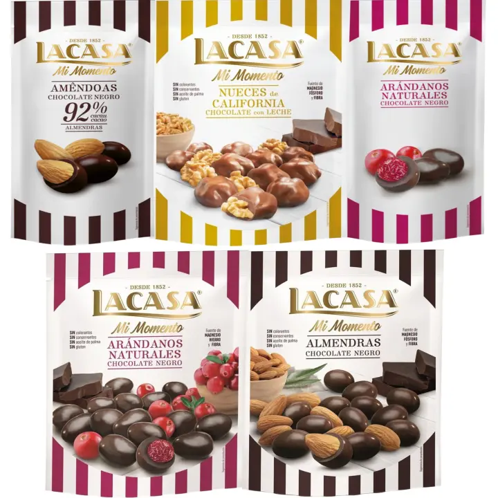Lacasa Mi Momento pack de 5:Arándano Chocolate Negro ,Almendra 92% ,Arándano Chocolate Negro ,Nueces Chocolate Leche ,Almendra Chocolate Negro - 1
