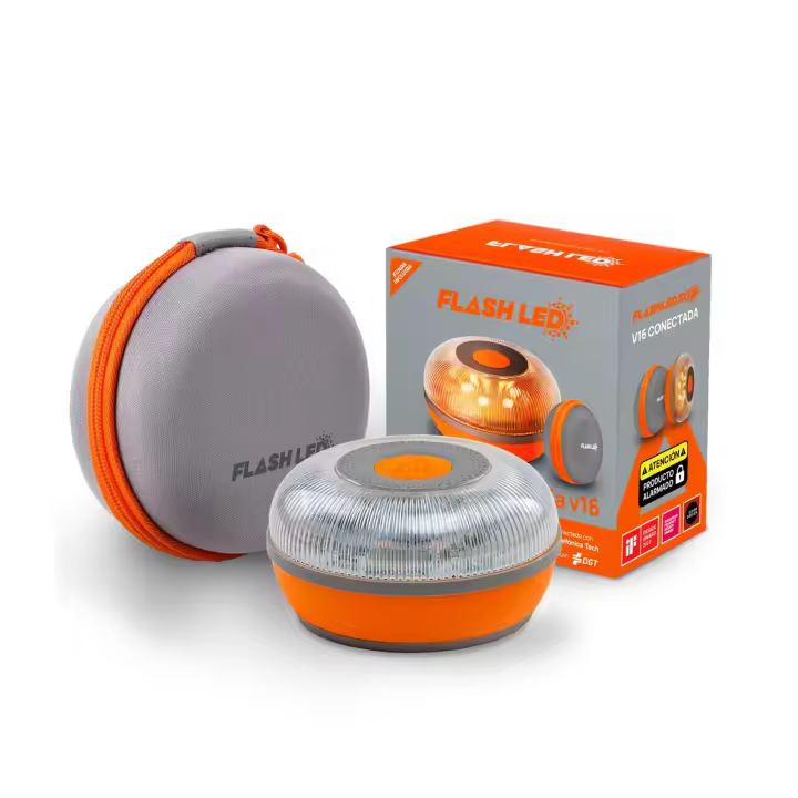 Baliza de emergencia FlashLED SOS V16, Homologada DGT, SIM, GPS, Visible 1 km, Magnética, Pila y funda incl. - 1