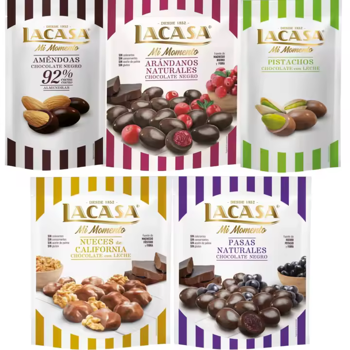 Lacasa Mi Momento pack de 5:Pistacho Chocolate Leche ,Almendra 92% ,Arándano Chocolate Negro ,Nueces Chocolate Leche,Pasas Chocolate Negro - 1