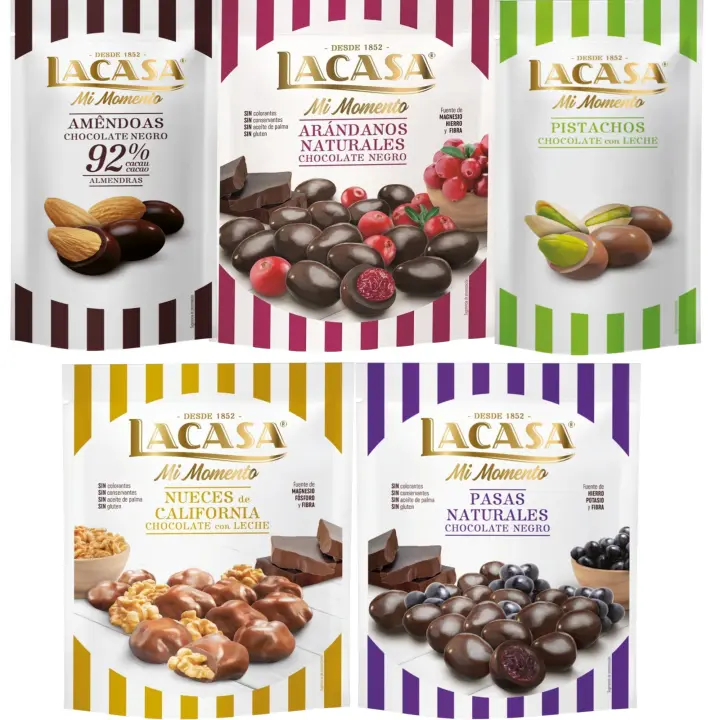 Lacasa Mi Momento pack de 5:Pistacho Chocolate Leche ,Almendra 92% ,Arándano Chocolate Negro ,Nueces Chocolate Leche,Pasas Chocolate Negro - 1