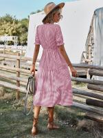 Vestido Largo Medio Casual De Rayas Para Mujer Con Borlas Cuello V Manga Corta Estilo A-Line Primavera Verano Polyester - details 4