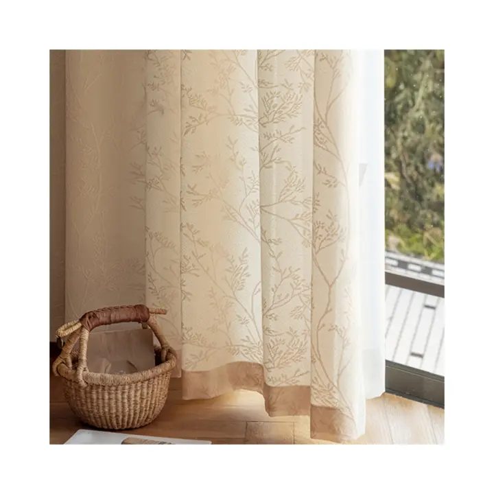 Vela De Espejo De Alta Calidad Cortina De Tela Gauze Beige Con Ramas Florales Para Sala De Estar Dormitorio Y Ventanas De Salón - 1