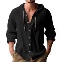 Camisa Casual Para Hombre De Color Sólido Con Capucha Y Cuerda Ajustable De Algodón Y Lino Estilo High Street Top Versátil Para El Día - details 2