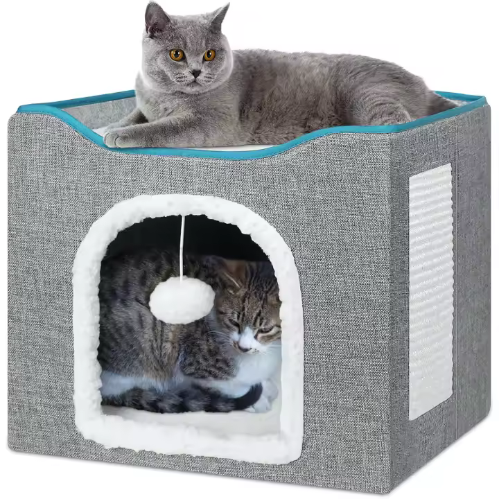 Cama cueva plegable para gatos, casa cúbica con 2 almohadillas reversibles y pelota, 41 x 41 x 35 cm, gris - 1