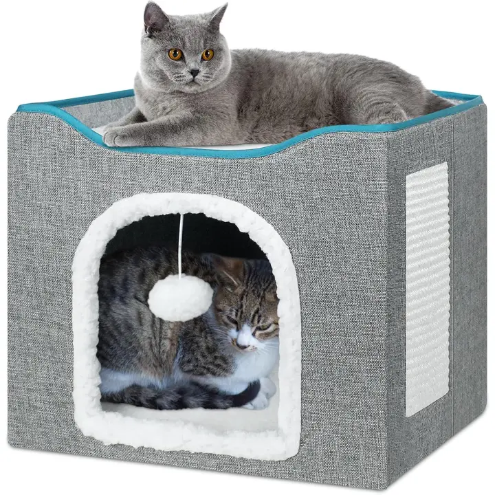Cama cueva plegable para gatos, casa cúbica con 2 almohadillas reversibles y pelota, 41 x 41 x 35 cm, gris - 1