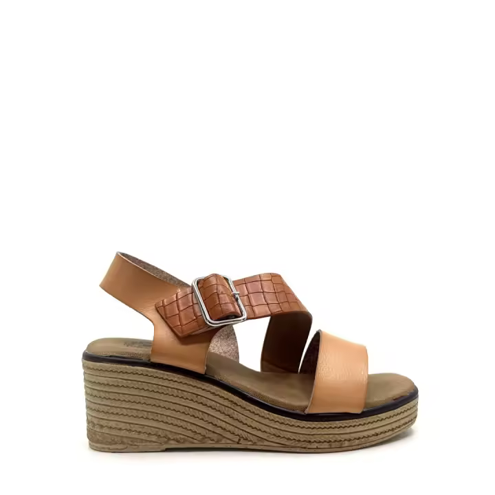 Maëlian - Sandalia Ibiza - cuña efecto yute manchado de 6 cm de altura y plantilla almohadillada para mayor confort en la pisada. Diseño de tira ancha en la pala y el empeine con combinación de colores y materiales. Cierre de hebilla ancha. - 1