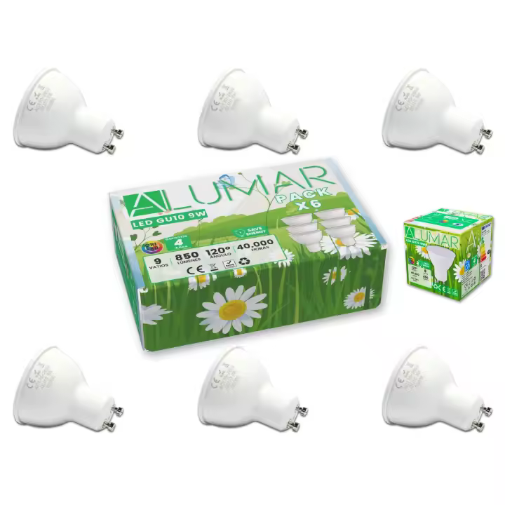 Pack 6 Bombillas LED GU10 de 9W Luz Cálida 3500K, 850 Lúmenes (equivalente a 80W), Bombillas de bajo consumo, Ángulo de haz de 120°, CRI 80, sin parpadeos, para hogar, oficina, tienda, baño. - 1