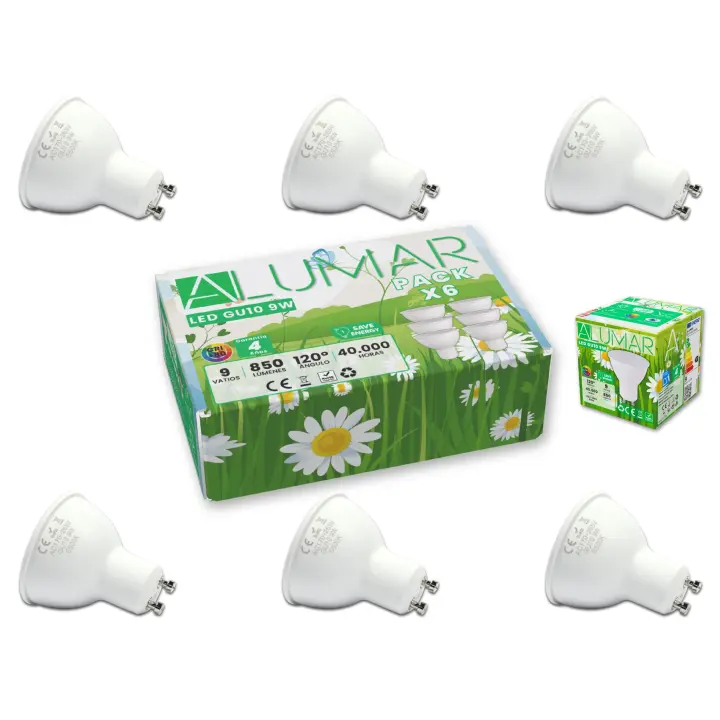 Pack 6 Bombillas LED GU10 de 9W Luz Cálida 3500K, 850 Lúmenes (equivalente a 80W), Bombillas de bajo consumo, Ángulo de haz de 120°, CRI 80, sin parpadeos, para hogar, oficina, tienda, baño. - 1