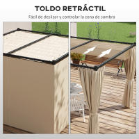 Outsunny Pérgola de Jardín 3x3 m Cenador para Exterior con Techo y Paredes Laterales Retráctil Marco Metálico Impermeable para Terraza Patio Beige - details 3