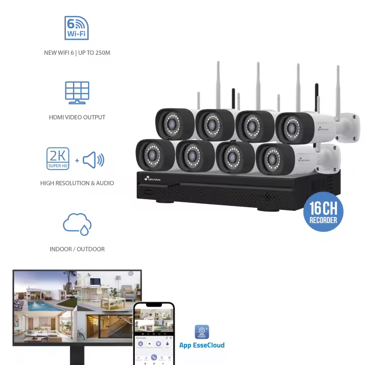 NIVIAN Kit de Cámaras WiFi CCTV 2K, IA Detección de Humanos, Audio Bidireccional, Visión Nocturna, Grabación en HDD, App EseeCloud, Salida HDMI para TV/Monitor NV-KIT1630W6-8CAM - 1